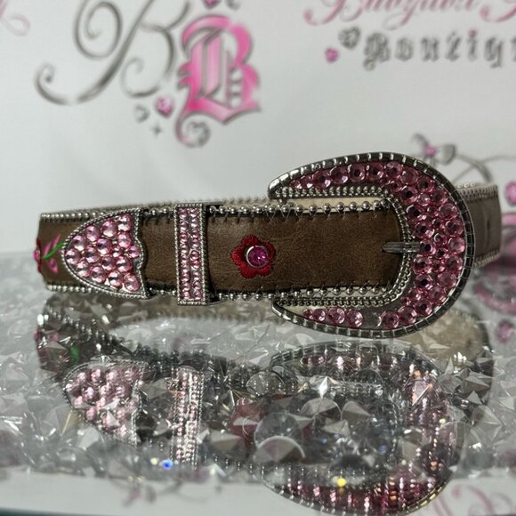 Belt rhinestone bling embroidered Brown and Pink Embellished Belt